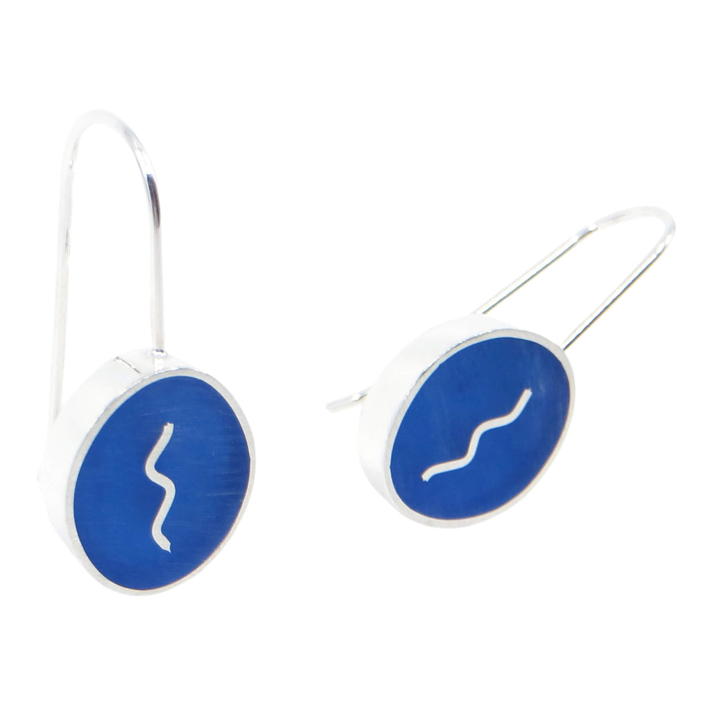 Sterling silver oval plus squiggle earrings with bright blue resin inlay.