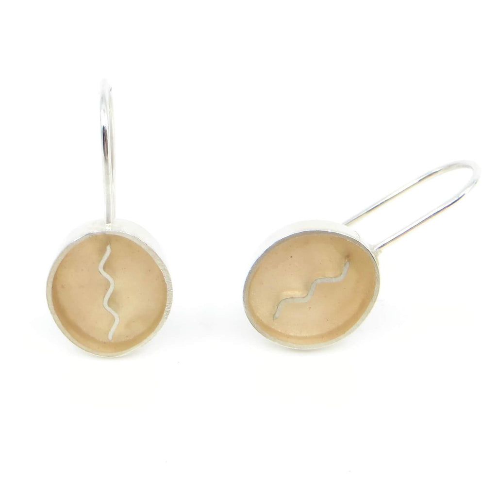 Oval plus squiggle sterling silver earrings with salmon rose resin inlay.