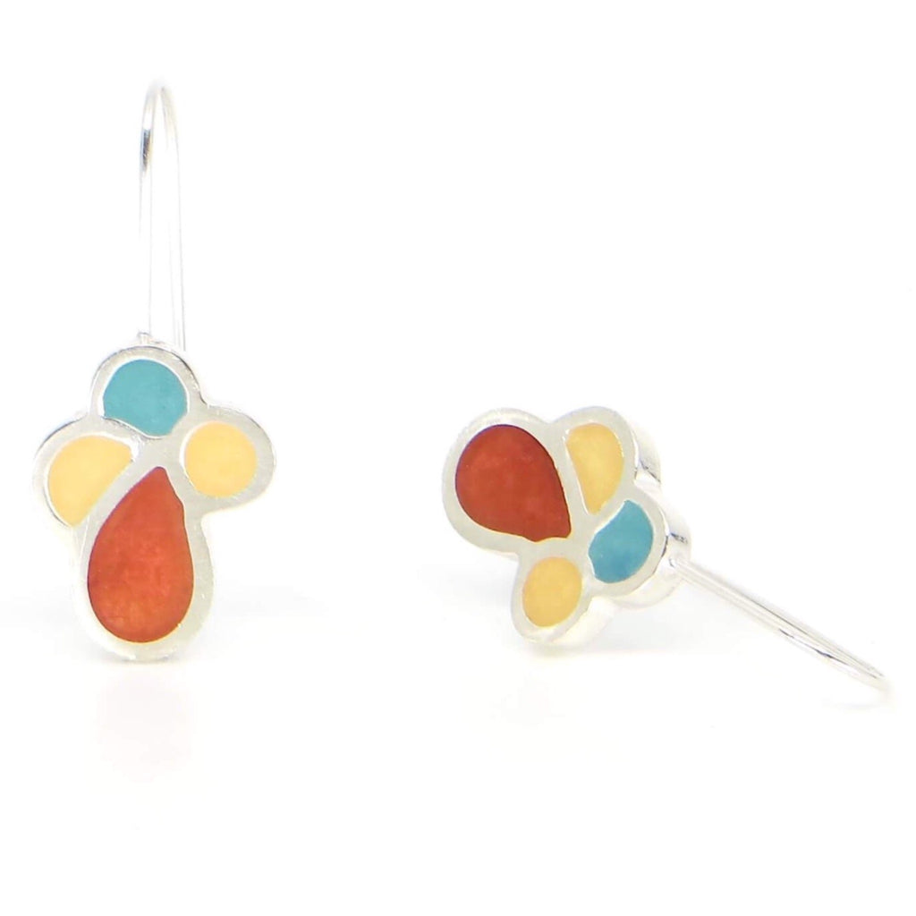 Chunky sterling silver and resin inlay flora vertical earrings.  Rust, turquoise, golden cream.