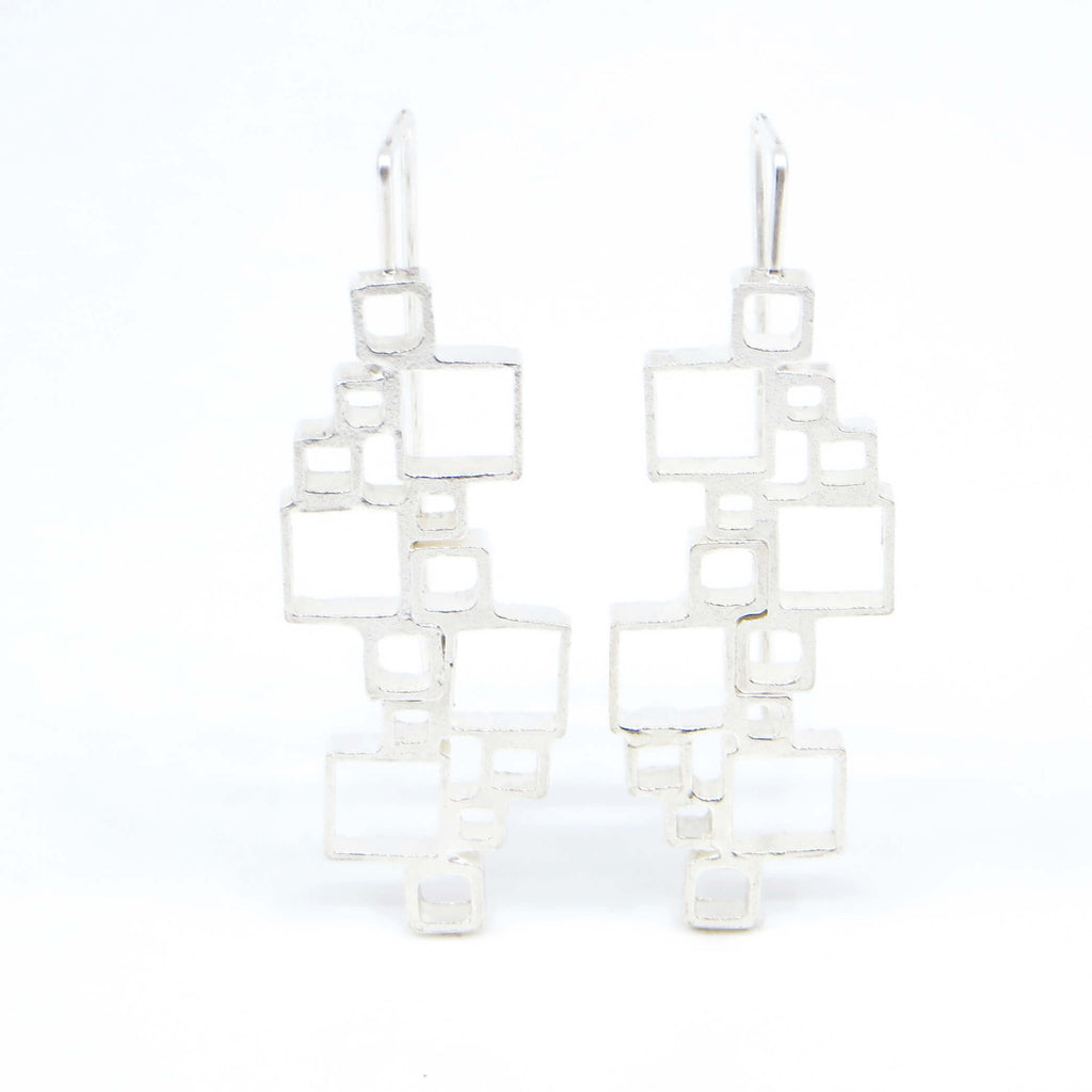 Open Squares Doubles Sterling silver earrings with square hook earwire.   Front view.