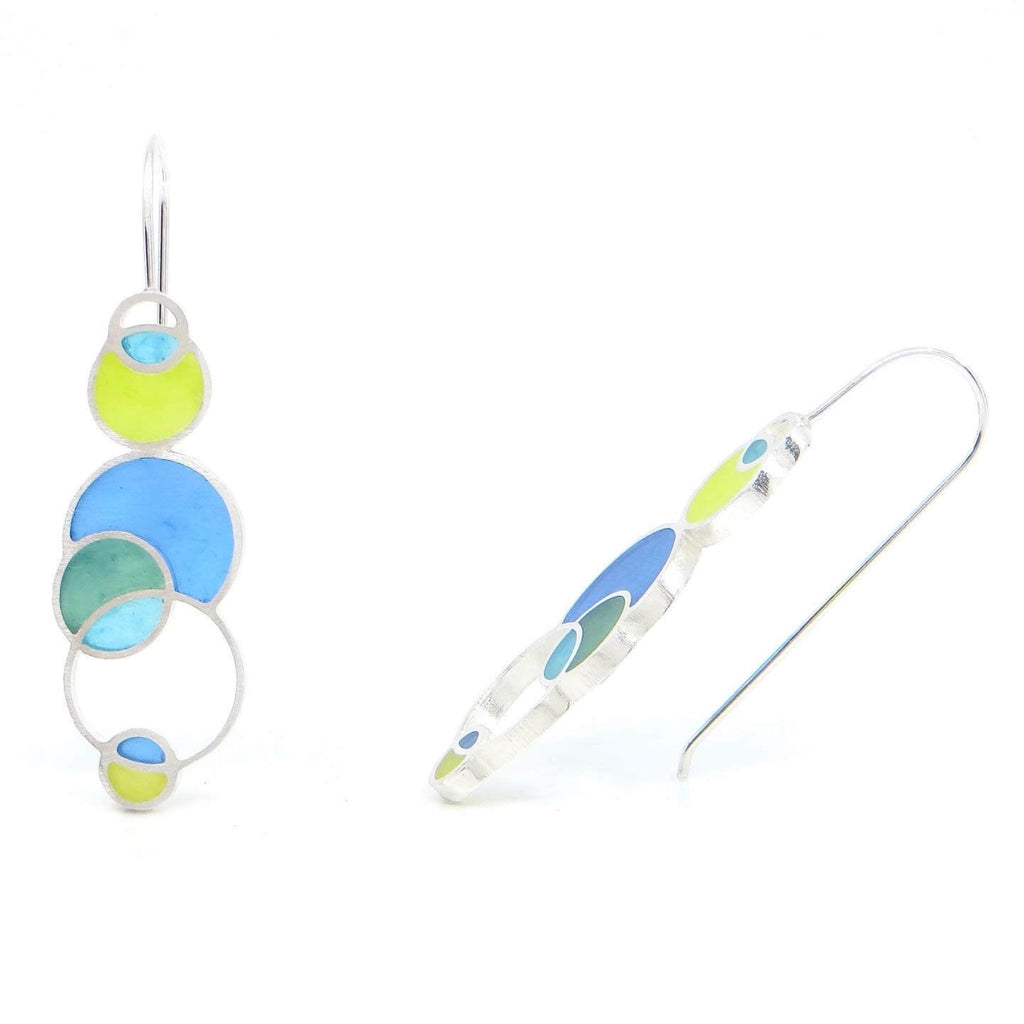 Sterling silver and pigmented resin inlay open circles earrings. Blue, turquoise, apple green, green.  Contemporary.