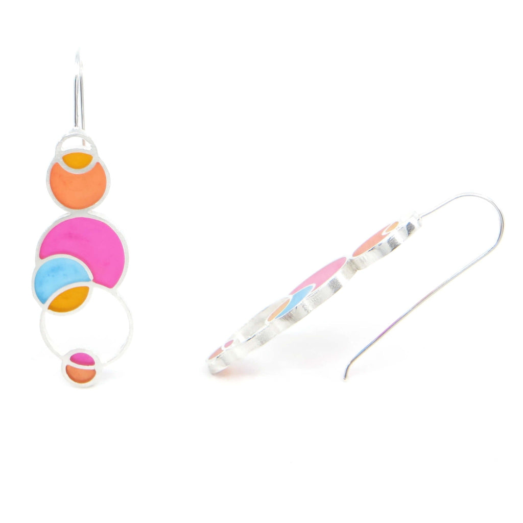 Sterling silver and pigmented resin inlay open circles earrings. Pink, Orange, Dark Orange, Turquoise. Contemporary.