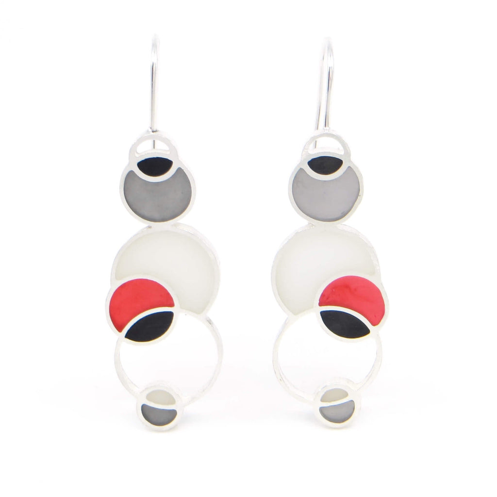 Sterling silver and pigmented resin inlay open circles earrings. White, Black, Red, Grey. Contemporary.